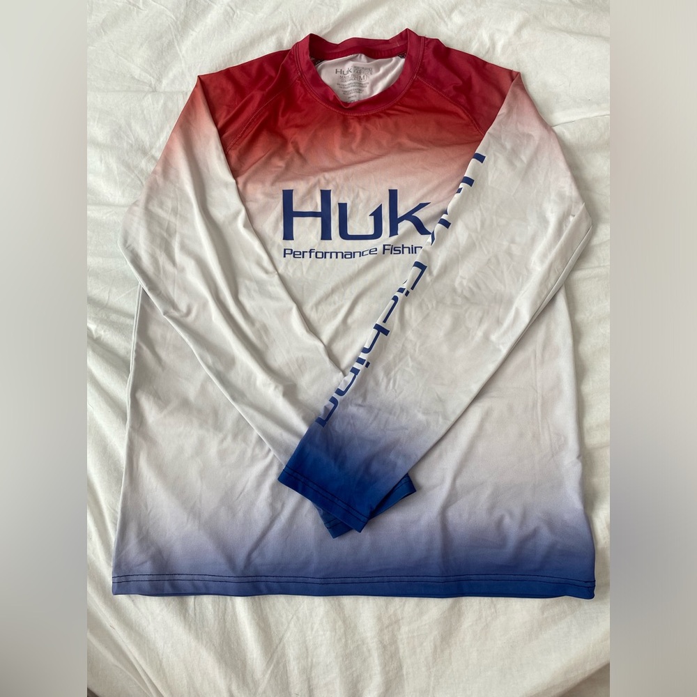 Huk red white and blue fishing shirt